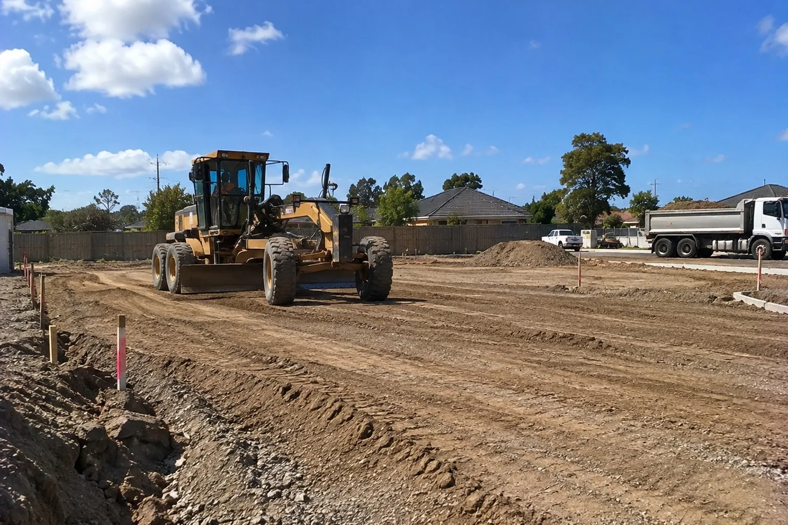 Machine-guided levelling in progress at an Auckland earthworks site